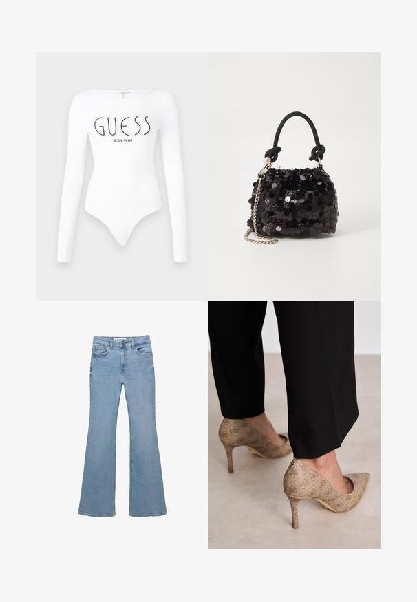 Vit långärmad bodysuit med rund halsringning. Har "GUESS"-logotypen och "EST.1981" tryckt i svart på framsidan. Slät textur.; Ljusblå denimjeans med hög midja, femfickorsdesign, knappstängning och något utsvängda ben.; Beige högklackade skor med en strukturerad tyg som har ett upprepande mönster. Spetsig tån design med bakakcent och detaljer i guld på klacken.; Svart paljett mini-handväska med en knuten texturerad rem och silverkedja. Rund form med samlad topp och reflekterande detaljer.
