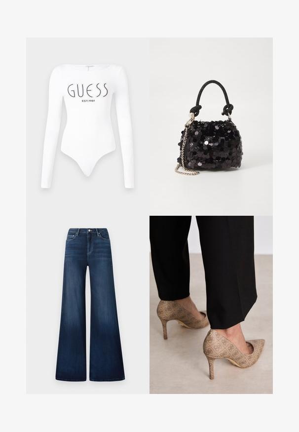 Valkoinen pitkähiha bodysuit, jossa on pyöreä pääntie. Edessä mustalla painettuna "GUESS" -logo ja "EST.1981". Sujuva rakenne.; Tummansiniset leveälahkeiset farkut korkealla vyötäröllä, valmistettu deniinistä, jossa on hieno haalistuminen, etutaskut ja klassinen napitus.; Beige korkokenkiä, joissa on teksturoitu kangas, jossa on toistuva kuvio. Teräväkärkinen muotoilu, takana korostus ja kultaiset korkodetaalit.; Mustan paljetti-minilaukku, jossa on solmittu teksturoidu hihna ja hopeaketju. Pyöreä muoto, joissa on rypistetty yläosa ja heijastava yksityiskohta.