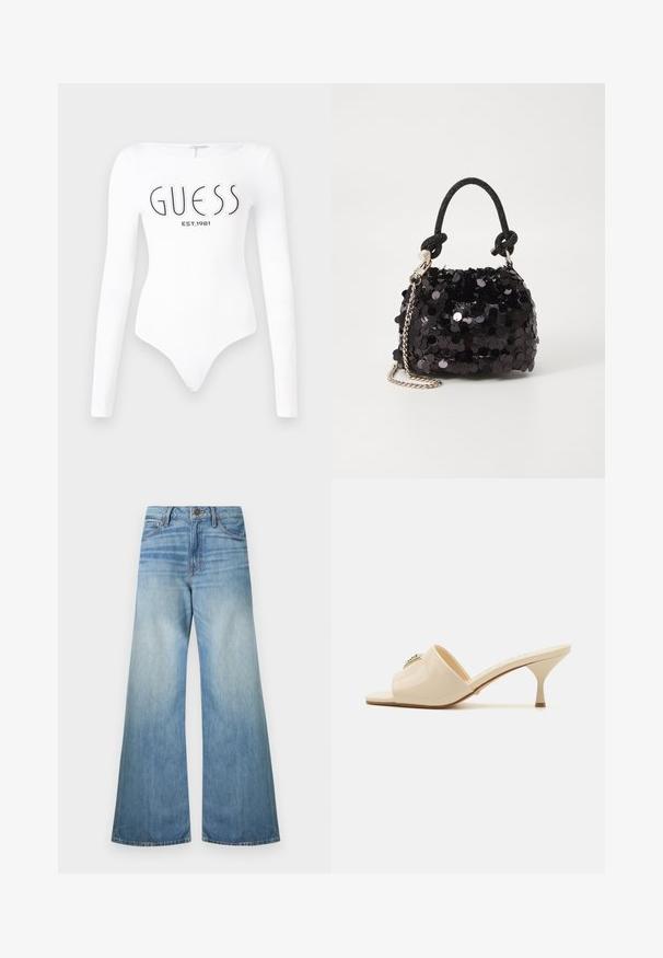 Hosszú ujjas, fehér body, kerek nyakkivágással. Elöl a "GUESS" logó és az "EST.1981" felirat fekete színben látható. Sima textúrával rendelkezik.; Világoskék, bőszárú farmernadrág, standard cipzárral, öt zsebbel és kissé elhalványult felülettel, finom koptatott részletekkel.; Beige lakkbőr nyitott orrú muleszandál, alacsony stiletto sarokkal. Középen dekoratív díszítéssel ellátva. Simára polírozott, fényes felület.; Fekete flitteres mini kézitáska csomózott textúrájú pánttal és ezüst lánccal. Lekerekített forma, ráncolt tetejével és fényvisszaverő részletekkel.