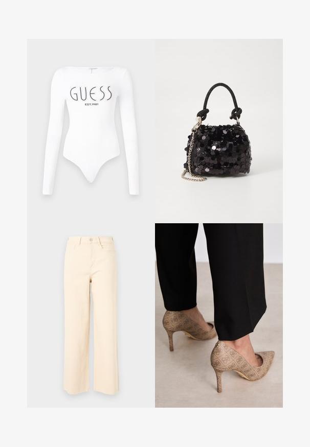 Bílý bodysuit s dlouhým rukávem a kulatým výstřihem. Na přední straně má tištěné logo "GUESS" a "EST.1981" v černé barvě. Hladká textura.; Béžové široké džíny vyrobené z bavlny, s vysokým pasem, zapínáním na knoflík a dvěma předními kapsami s hladkým strukturovaným povrchem.; Béžové lodičky na vysokém podpatku s texturovanou látkou, která má opakující se vzor. Díky špičaté špičce, zadnímu akcentu a zlatému detailu na podpatku.; Černá mini kabelka s flitry, s uzlovým texturovaným popruhem a stříbrným řetízkem. Zaoblený tvar s nařaseným vrchem a reflexními detaily.