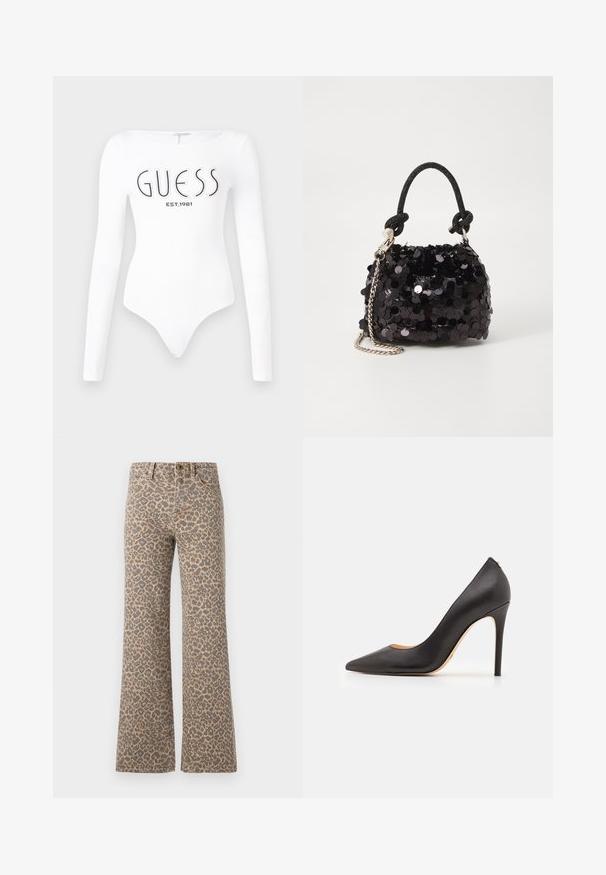 Bodysuit blanco de manga larga con escote redondo. Presenta el logo "GUESS" y "EST.1981" impresos en negro en la parte frontal. Textura suave.; Jeans de campana con estampado de leopardo que presentan una base color beige con manchas negras, diseño clásico de cinco bolsillos y cierre de botón metálico en la cintura.; Zapato de tacón alto de cuero negro con punta afilada y textura suave, que presenta un tacón delgado y un diseño minimalista.; Bolso de mano mini negro con lentejuelas, con una correa de textura anudada y cadena plateada. Forma redondeada con parte superior fruncida y detalles reflectantes.