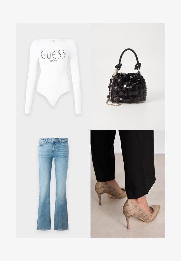 Bílý bodysuit s dlouhým rukávem a kulatým výstřihem. Na přední straně má tištěné logo "GUESS" a "EST.1981" v černé barvě. Hladká textura.; Světle modré denimové zvonové džíny s předními kapsami, poutky na opasek a zapínáním na knoflík.; Béžové lodičky na vysokém podpatku s texturovanou látkou, která má opakující se vzor. Díky špičaté špičce, zadnímu akcentu a zlatému detailu na podpatku.; Černá mini kabelka s flitry, s uzlovým texturovaným popruhem a stříbrným řetízkem. Zaoblený tvar s nařaseným vrchem a reflexními detaily.