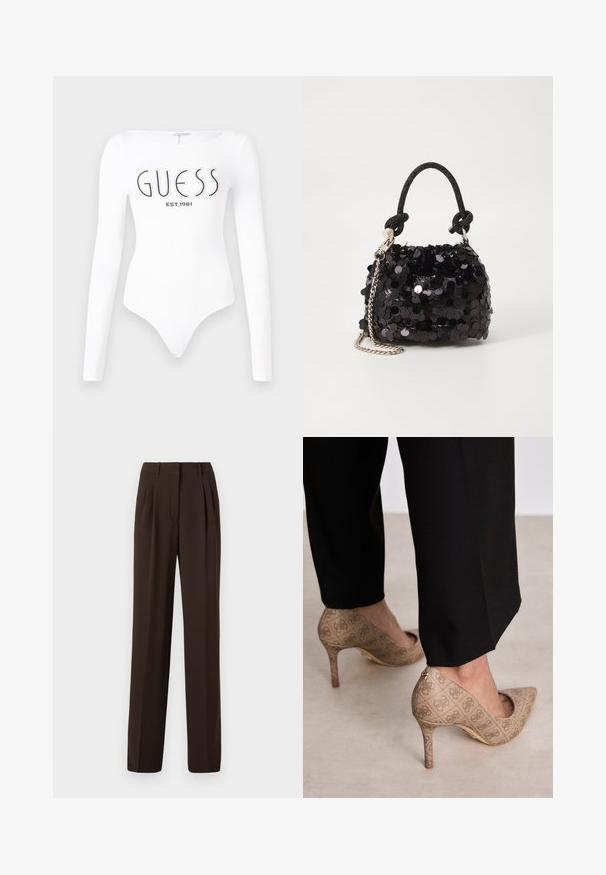 Baltos ilgomis rankovėmis bodis su apvaliu iškirpimu. Priekyje juodu spalva yra atspausdinta "GUESS" logotipas ir "EST.1981". Lygus paviršius.; Rudos plisuoti kelnių su tiesiu struktūros dizainu, pritaikyta medžiaga ir glotnia tekstūra, su diržo kilpomis ir šoninėmis kišenėmis.; Smėliniai aukštakulniai bateliai su tekstūruotu audiniu, kuriame yra pasikartojanti tekstūra. Išgaubtas pirštas, su užpakaline akcentu ir auksiniu kulno detaliu.; Juodas blizgučių mini rankinukas su mazguotu tekstūruotu dirželiu ir sidabro grandine. Suapvalinta forma su susiraukšlėtopu ir atspindinčiomis detalėmis.