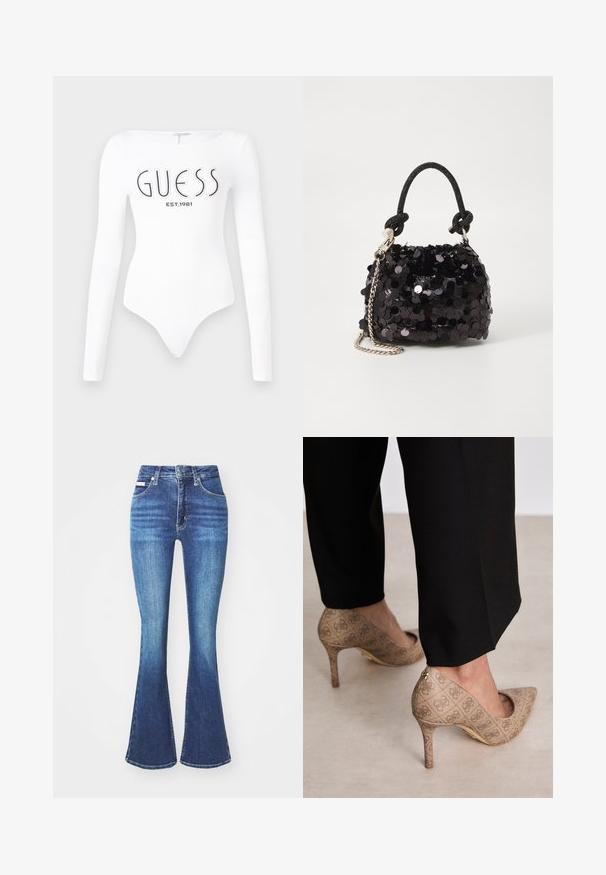 Bodysuit blanco de manga larga con escote redondo. Presenta el logo "GUESS" y "EST.1981" impresos en negro en la parte frontal. Textura suave.; Jeans de mezclilla acampanados en lavado azul oscuro, con una cintura alta, diseño de cinco bolsillos y costuras clásicas. Textura suave con un ligero desgaste.; Zapatos de tacón altos beige con una tela texturizada que presenta un patrón repetitivo. Diseño de punta afilada con un acento en la parte trasera y detalle de tacón dorado.; Bolso de mano mini negro con lentejuelas, con una correa de textura anudada y cadena plateada. Forma redondeada con parte superior fruncida y detalles reflectantes.