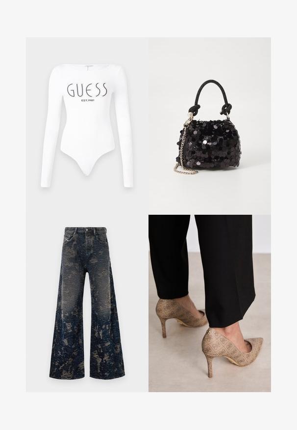 Bela dolgimi rokavi body s krožnim izrezom. Na sprednji strani je natisnjen logotip "GUESS" in "EST.1981" v črni barvi. Gladka tekstura.; Temno modri široki džins s poškodovanim in kislo opranim videzom ter klasičnim dizajnom s petimi žepi.; Bež čevlji na visokem petem z teksturirano tkanino, ki ima ponavljajoč vzorec. Oblika z ostrim nosom z zadaj poudarjenim delom in zlatim podplatom.; Črna mini torbica s palčkami iz bleščic, z vozlanim teksturiranim trakom in srebrnima verigama. Okrogla oblika z nabranim vrhom in odsevnimi detajli.
