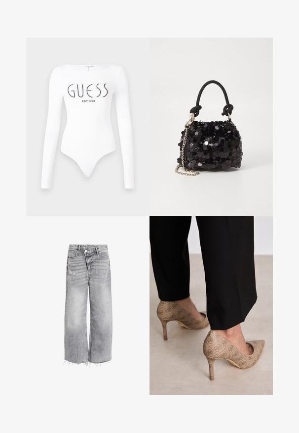 Hosszú ujjas, fehér body, kerek nyakkivágással. Elöl a "GUESS" logó és az "EST.1981" felirat fekete színben látható. Sima textúrával rendelkezik.; Magas derekú, bő szárú farmernadrág világosszürke denim anyagból, melyen kopottas részletek és nyers szárvégek találhatók. Két elülső zseb és gombos zárás.; Beige magassarkú cipők texturált anyagból, ismétlődő mintával. Hegyes orrú kialakítás, hátsó díszítéssel és arany sarkú részlettel.; Fekete flitteres mini kézitáska csomózott textúrájú pánttal és ezüst lánccal. Lekerekített forma, ráncolt tetejével és fényvisszaverő részletekkel.