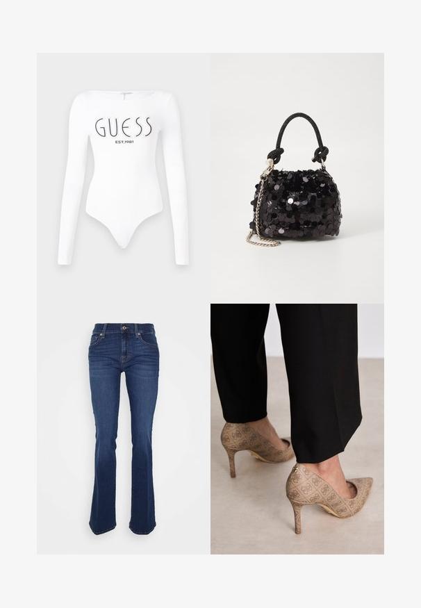 Body à manches longues blanc avec un col rond. Présente le logo "GUESS" et "EST.1981" imprimés en noir sur le devant. Texture lisse.; Jean bleu évasé en denim, avec une taille haute, des poches avant et des coutures contrastées. Le tissu a une texture lisse.; Chaussures à talons hauts beiges en tissu texturé avec un motif répétitif. Design à bout pointu avec un accent à l'arrière et détail de talon doré.; Mini sac à main en sequins noirs avec une bandoulière texturée nouée et une chaîne argentée. Forme arrondie avec un haut froncé et des détails réfléchissants.