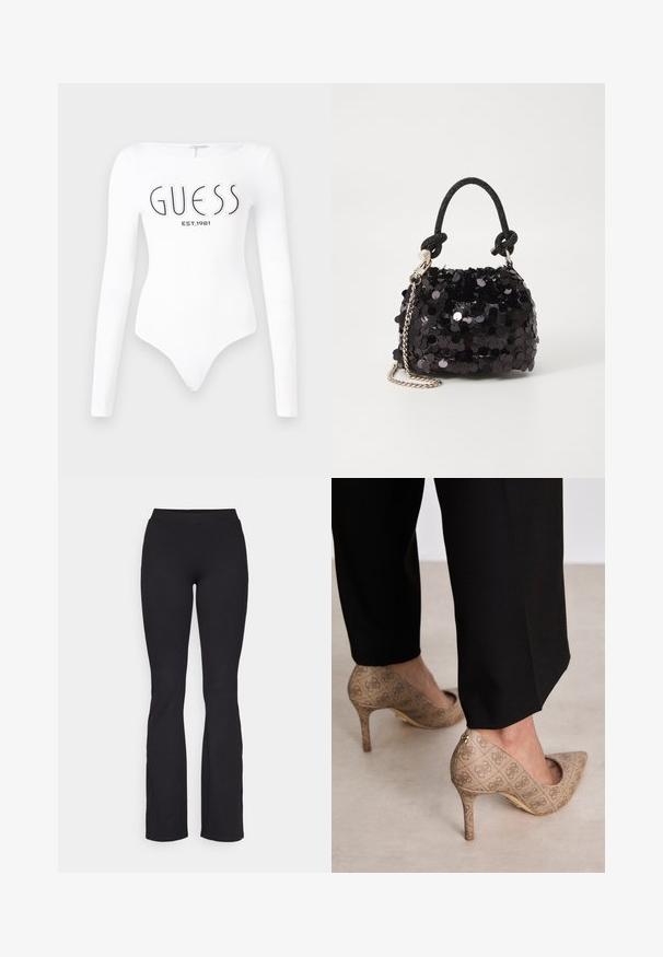 Weißer Langarm-Bodysuit mit Rundhalsausschnitt. Auf der Vorderseite mit "GUESS"-Logo und "EST.1981" in Schwarz bedruckt. Glatte Textur.; Schwarze gerippte Glockenleggings mit schmalem Bund und strukturiertem Stoff, ausgestattet mit einem glatten Taillenbund und einem ausgestellten Saum.; Beige High Heels aus strukturiertem Stoff mit einem sich wiederholenden Muster. Spitz zulaufendes Design mit einer Rückenausschnitt und goldenen Absatz.; Schwarze Pailletten-Mini-Handtasche mit einem geknoteten, strukturierten Tragegurt und einer silbernen Kette. Abgerundete Form mit gerafftem oberen Teil und reflektierenden Details.