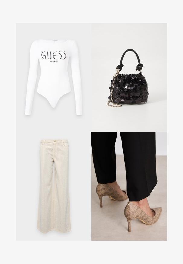 Hvit langermet bodysuit med rund halslinning. Har "GUESS"-logo og "EST.1981" trykt i svart på forsiden. Glatt tekstur.; Beige vide bukser med en glat tekstur, prydet med metalliske sølvfarvede paljetter arrangeret i et mønster over forsiden og bagsiden.; Beige høyhælte sko med teksturert stoff som har et gjentatt mønster. Spiss tådesign med bakdetalj og gullhelsjekk.; Svart paljettmini-veske med en knyttet teksturert stropp og sølvkjede. Rund form med samlet topp og reflekterende detaljer.