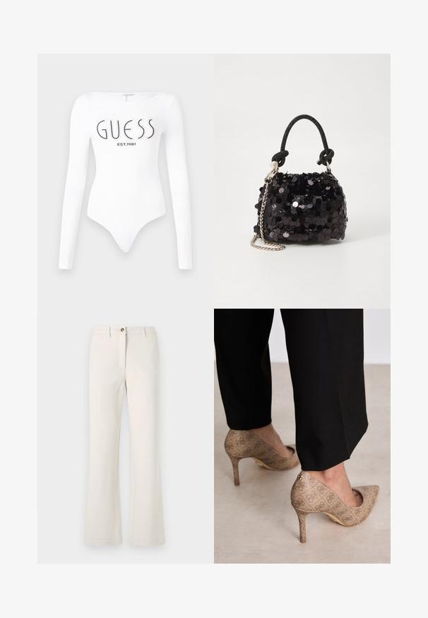 Body à manches longues blanc avec un col rond. Présente le logo "GUESS" et "EST.1981" imprimés en noir sur le devant. Texture lisse.; Pantalons beiges avec une coupe à jambes évasées, fabriqués dans un tissu lisse. Munis d'un seul bouton frontal et d'une fermeture éclair avec passants de ceinture.; Chaussures à talons hauts beiges en tissu texturé avec un motif répétitif. Design à bout pointu avec un accent à l'arrière et détail de talon doré.; Mini sac à main en sequins noirs avec une bandoulière texturée nouée et une chaîne argentée. Forme arrondie avec un haut froncé et des détails réfléchissants.