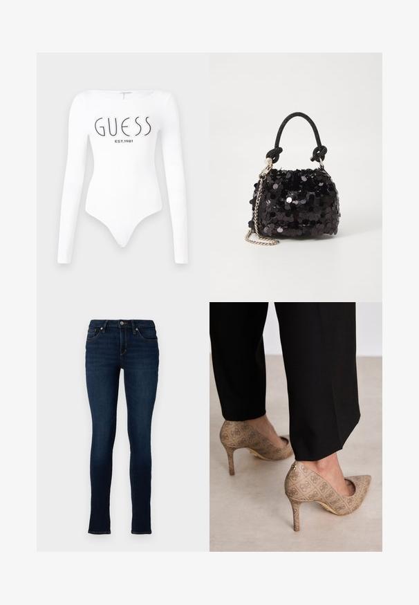 Hosszú ujjas, fehér body, kerek nyakkivágással. Elöl a "GUESS" logó és az "EST.1981" felirat fekete színben látható. Sima textúrával rendelkezik.; TOM TAILOR DENIM TTJONA Skinny - Testhezálló fazon - used dark stone blue denim; Beige magassarkú cipők texturált anyagból, ismétlődő mintával. Hegyes orrú kialakítás, hátsó díszítéssel és arany sarkú részlettel.; Fekete flitteres mini kézitáska csomózott textúrájú pánttal és ezüst lánccal. Lekerekített forma, ráncolt tetejével és fényvisszaverő részletekkel.