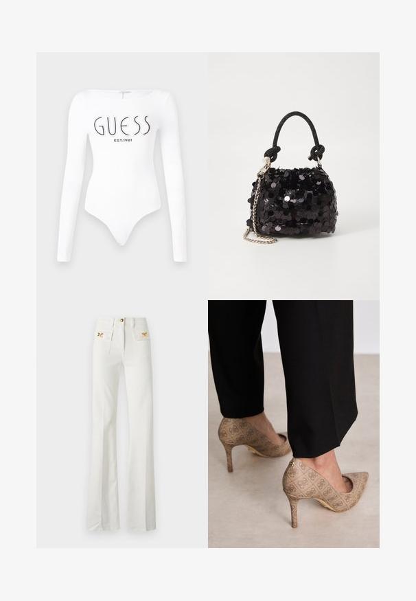 Weißer Langarm-Bodysuit mit Rundhalsausschnitt. Auf der Vorderseite mit "GUESS"-Logo und "EST.1981" in Schwarz bedruckt. Glatte Textur.; Weisse Schlagjeans aus Baumwolle. Mit zwei Vorderaschen und goldenen Schleifenakzenten. Abgeschlossen mit einem Reißverschluss und Knopfverschluss.; Beige High Heels aus strukturiertem Stoff mit einem sich wiederholenden Muster. Spitz zulaufendes Design mit einer Rückenausschnitt und goldenen Absatz.; Schwarze Pailletten-Mini-Handtasche mit einem geknoteten, strukturierten Tragegurt und einer silbernen Kette. Abgerundete Form mit gerafftem oberen Teil und reflektierenden Details.