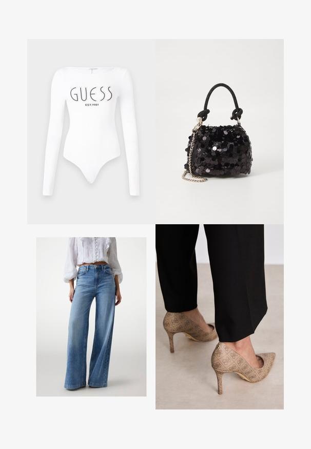 Weißer Langarm-Bodysuit mit Rundhalsausschnitt. Auf der Vorderseite mit "GUESS"-Logo und "EST.1981" in Schwarz bedruckt. Glatte Textur.; Helle Jeans mit weitem Bein aus Denim, mit hoher Taille, dezentem Fade-Effekt und klassischem Fünf-Taschen-Design. Abgerundet mit einem Metallknopf.; Beige High Heels aus strukturiertem Stoff mit einem sich wiederholenden Muster. Spitz zulaufendes Design mit einer Rückenausschnitt und goldenen Absatz.; Schwarze Pailletten-Mini-Handtasche mit einem geknoteten, strukturierten Tragegurt und einer silbernen Kette. Abgerundete Form mit gerafftem oberen Teil und reflektierenden Details.
