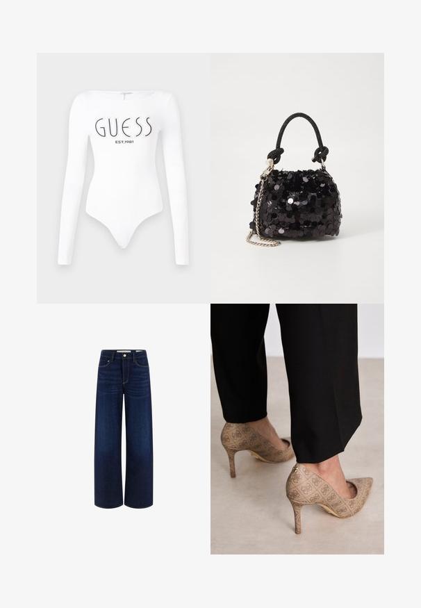 Bílý bodysuit s dlouhým rukávem a kulatým výstřihem. Na přední straně má tištěné logo "GUESS" a "EST.1981" v černé barvě. Hladká textura.; Džíny s širokými nohavicemi v tmavě modré barvě s hladkou texturou, se zapínáním na přední knoflík a pěti kapsami.; Béžové lodičky na vysokém podpatku s texturovanou látkou, která má opakující se vzor. Díky špičaté špičce, zadnímu akcentu a zlatému detailu na podpatku.; Černá mini kabelka s flitry, s uzlovým texturovaným popruhem a stříbrným řetízkem. Zaoblený tvar s nařaseným vrchem a reflexními detaily.