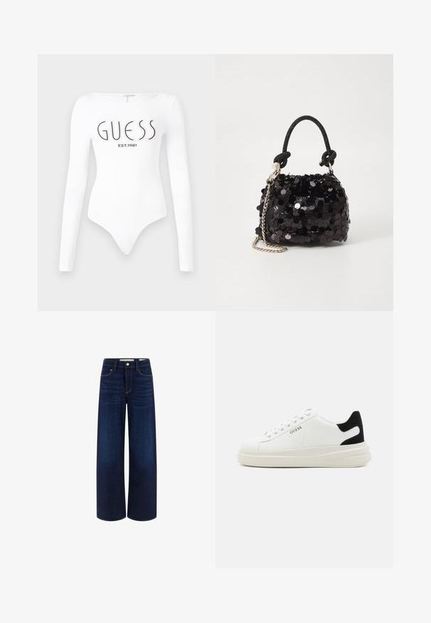 Balta garām piedurknēm bodijs ar apaļu kakla izgriezumu. Priekšpusē melnā krāsā ir uzdrukāts "GUESS" logo un "EST.1981". Gluda tekstūra.; Tumši zili plaša apakšdaļa džinsi ar gludu tekstūru, ar priekšējo pogu aizdari un piecu kabatu dizainu.; Baltas ādas sporta apavi ar biezu balto zoli, melna zamša uzpura un izspiestais logotips sānos. Šņorējuma dizains ar sešiem acu caurumiem.; Melna spīguļota mini rokas soma ar mezglotu teksturētu siksniņu un sudraba ķēdi. Apaļa forma ar sakopotām malām un atstarojumu detaļām.