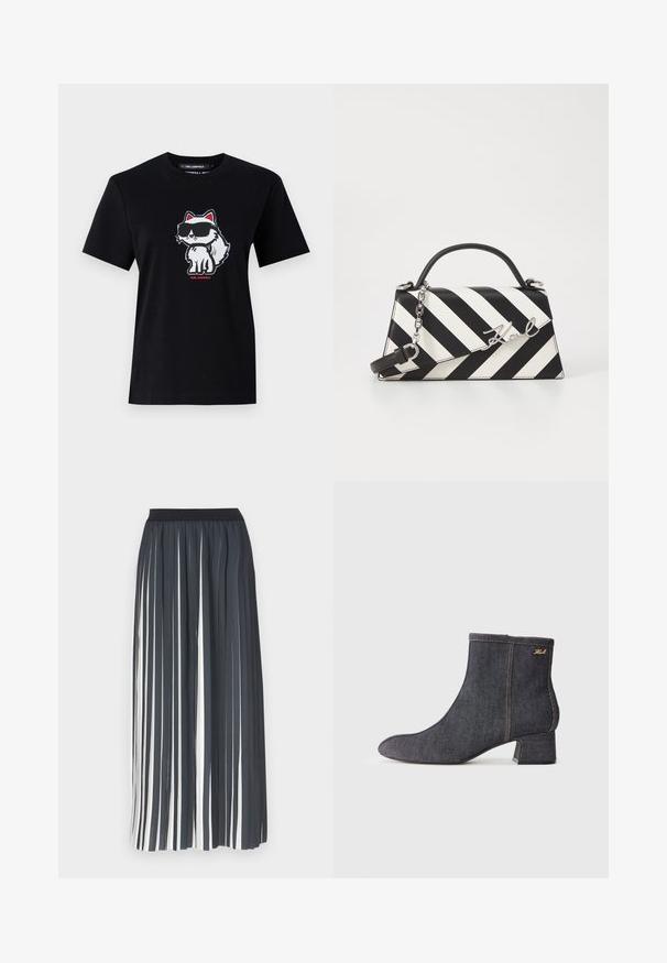 Svart bomull T-skjorte med en tegneserie-rev i solbriller, omrisset i hvitt med røde detaljer, sentrert på forsiden. Korte ermer og rund hals.; Plissett lang skjørt i mørkegrått med vekslende hvite striper. Elastisk linning for komfort. Lett stoff med en jevn tekstur.; Mørke denim ankelstøvletter med spiss tå, blokkhæl, synlig søm og en subtil merkevarelogo på siden. Glatt tekstur.; Svart- og hvitstripet håndveske med en strukturert form, som har et topphåndtak, en avtakbar kjedestropp, og metallisk logo-akcent.