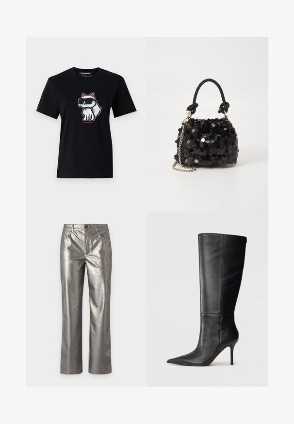 Tricou din bumbac negru, cu un desen cartoon de vulpe purtând ochelari de soare, conturată în alb cu accente roșii, centrat în față. Mâneci scurte și gât rotund.; Pantaloni metalici argintii cu un croi drept, cinci buzunare și închidere cu buton. Textură netedă cu o strălucire subtilă și un design minimalist.; Botă înaltă din piele neagră, cu vârf ascuțit și toc subțire, textură netedă, profil lateral pe un fundal neutru.; Geantă mini neagră cu paiete, cu un umar texturat înnodat și un lanț argintiu. Formă rotundă cu partea de sus adunată și detalii reflectorizante.