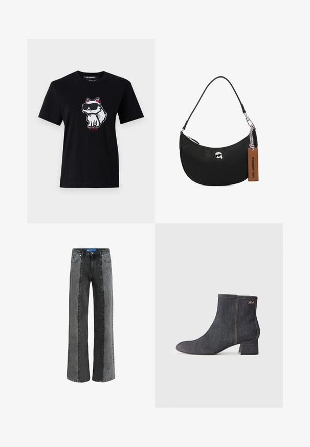 T-shirt de algodão preta com um desenho de um raposo em óculos de sol, contornado em branco com detalhes em vermelho, centralizado na frente. Mangas curtas e decote redondo.; Jeans de perna larga em denim preto e cinza. Apresenta uma cintura alta com fecho por botão, cinco bolsos e painéis verticais contrastantes.; Bota de tornozelo em denim escuro com bico pontiagudo, salto bloco, costura visível e um discreto logo da marca na lateral. Textura suave.; Bolsa de mão em couro preto com textura granulada, formato curvado, fecho superior com zipper, acessórios em prata e uma etiqueta castanha. Apresenta um destaque do logotipo.