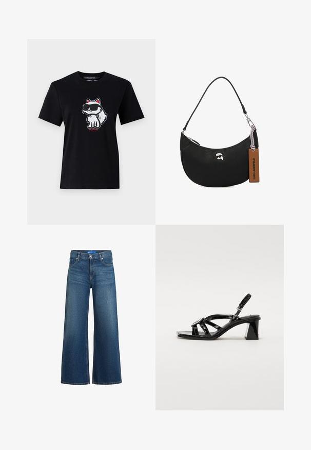 Μαύρο βαμβακερό μπλουζάκι με κοντά μανίκια, διακοσμημένο με έναν σκύλο κινουμένων σχεδίων που φορά γυαλιά ηλίου, περιγραμμένο με λευκό και κόκκινες λεπτομέρειες, τοποθετημένο κεντρικά μπροστά. Στρογγυλή λαιμόκοψη.; Φαρδιά τζιν παντελόνια σε σκούρο μπλε, με ψηλή μέση, κορδόνια και μπροστινές τσέπες. Το ύφασμα έχει λεία υφή με ελάχιστη φθορά.; Μαύρες πατενταρισμένες ψηλοτάκουνες σανδάλια με ανοιχτό δάχτυλο, φαρδιές λωρίδες, ρυθμιζόμενη αγκράφα και γεωμετρική μπάρα τακουνιού.; Μαύρη δερμάτινη τσάντα χειρός με υφή βότσαλου, καμπυλωτό σχήμα, κλείσιμο με φερμουάρ στην κορυφή, ασημένια μεταλλικά μέρη και καφέ ετικέτα. Έχει χαρακτηριστικό λογότυπο.