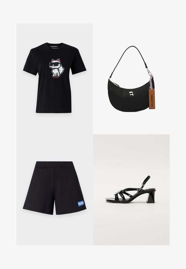 Černé bavlněné tričko s krátkým rukávem a kulatým výstřihem, na kterém je uprostřed přední strany vyobrazena karikatura lišky v brýlích, obrysována bílou barvou s červenými akcenty.; Černé kraťasy s volným střihem, elastickým pasem a modrým logem "HUGO" na levé nohavici; vyrobeny z měkkého, prodyšného materiálu.; Černé lakované kožené sandály na vysokém podpatku s otevřenou špičkou, širokými pásky, nastavitelnou sponou a geometrickým blokovým podpatkem.; Černá kožená kabelka s tvarovanou texturou, zakřiveným tvarem, horním zipovým uzavřením, stříbrnými kovovými doplňky a hnědou visačkou. Obsahuje akcent s logem.