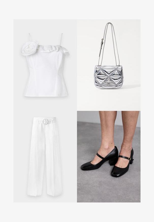 Weißes ärmelloses Oberteil mit einem gerafften Ausschnitt und einer großen, dekorativen Blütenakzent auf einer Seite; glatte Textur, taillierte Passform.; Weite, weiße Leinenhose mit einem taillierten Bund und einer runden Schnalle. Glatte Textur mit lockerer Passform, keine sichtbaren Muster.; Stuart Weitzman Pumps - black; Metallisch silberne Umhängetasche mit geometrischem, gepolstertem Design, flacher Klappe und verstellbarem Riemen mit silbernen Hardware-Akzenten.