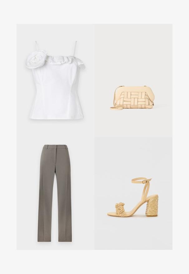 Weißes ärmelloses Oberteil mit einem gerafften Ausschnitt und einer großen, dekorativen Blütenakzent auf einer Seite; glatte Textur, taillierte Passform.; Graue maßgeschneiderte Hosen mit geradem Beinschnitt, flachem Vorderteil und subtiler Struktur. Weicher Stoff und standardmäßiger Bund mit Gürtelschlaufen.; Beige High-Heel-Sandale mit geflochtener Textur, dekorativer Blume und Knöchelriemen. Der quadratische Absatz sorgt für Stabilität.; Gewebte beige Handtasche mit strukturiertem Design, ausgestattet mit einer glatten Oberseite und einem langen Tragegurt. Texturierte Details verbessern das Gesamtbild.