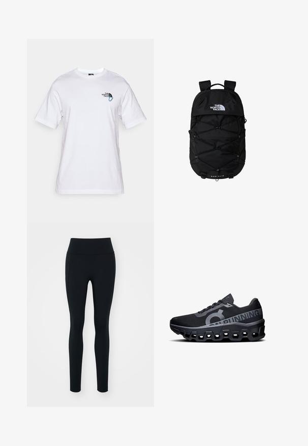 The North Face EXPLORE CARABINER RELAXED TEE UNISEX - Print T-shirt - white; Black leggings made of stretchy material with a high waistband. Smooth texture, fitted design, and no visible embellishments or patterns.; Black running shoes with a textured mesh upper, featuring a prominent logo and reflective accents. Thick foam sole with hexagonal cutouts.; Black backpack with zippered main compartment, elastic bungee cord design, padded straps, and a logo on the front; made of durable fabric.