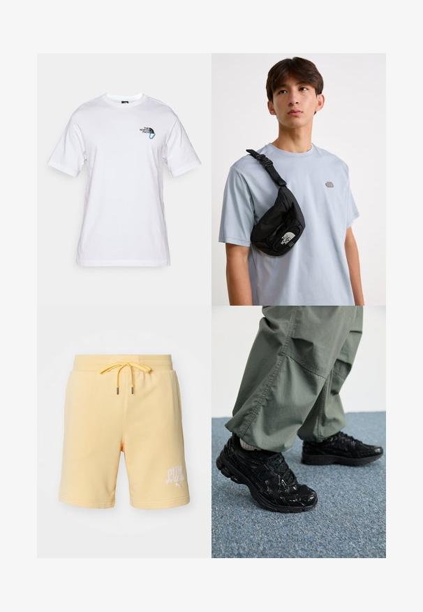 The North Face EXPLORE CARABINER RELAXED TEE UNISEX - Print T-shirt - white; Yellow cotton shorts with an elastic waistband and drawstring. Features white "PUMA sports club" logo on the lower left side. Soft texture.; Black athletic sneakers with glossy and mesh textures, featuring a thick sole and laces, paired with loose olive-green cargo pants.; Black nylon crossbody bag with adjustable strap, featuring a prominent white logo. Worn over a light blue t-shirt. Simple, functional design.