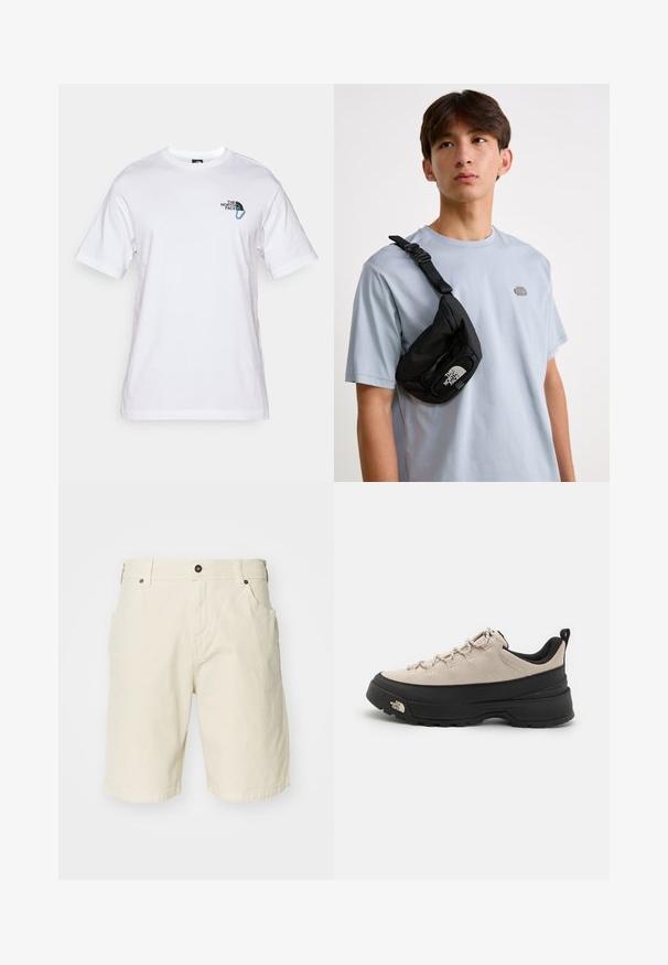 The North Face EXPLORE CARABINER RELAXED TEE UNISEX - Apdrukāts T-krekls - white; Bežīgas kokvilnas šorti ar taisnu piegriezumu, ar rāvējslēdzēja aizdari, priekšējiem kabatām un šūtu apakšmalu. Gluda tekstūra un minimālistisks dizains.; Gaišbrūns zamša pārgājienu apavi ar melnu gumijas zoli, teksturētiem akcentiem un atstarotājām šņorēm. Iekļauts cilpu elements ērtai uzvilkšanai.; Melna neilona krūšu soma ar regulējamu siksnu, ar izteiktu baltu logo. Valkāta virs gaiši zila T-kreklu. Vienkāršs, funkcionāls dizains.