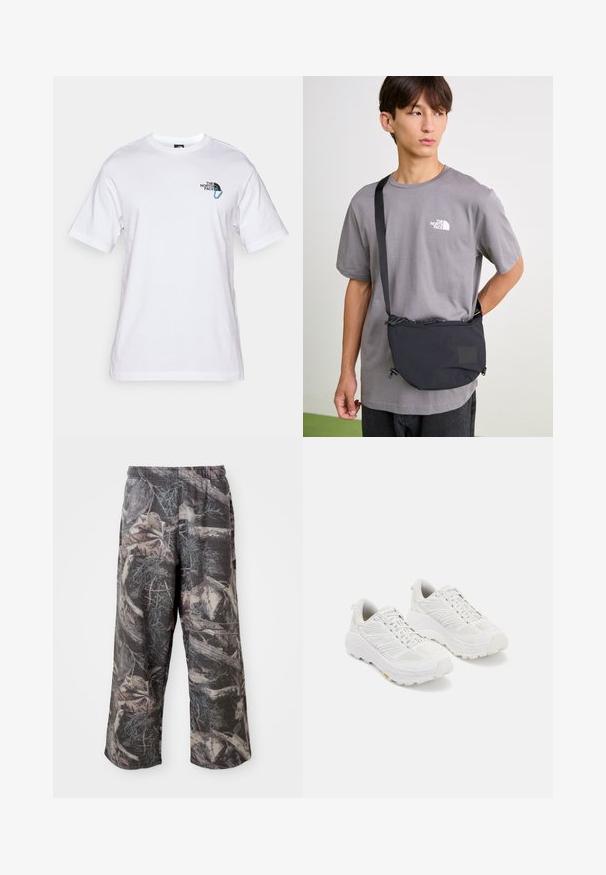 The North Face EXPLORE RELAXED UNISEX biały; Spodnie o szerokich nogawkach w kamuflażowym wzorze z stonowaną szaro-brązową kolorystyką, z elastycznym pasem i luźnym krojem, który zwiększa komfort i swobodę ruchów.; Białe buty sportowe z siateczkową górą, wzmocnionym czubkiem, grubą, amortyzującą podeszwą oraz teksturowanym wzorem bieżnika dla lepszej przyczepności.; Czarna nylonowa torba na ramię z regulowanym paskiem, z suwakiem ściągającym i wytłoczonym detalem logo. Nosi się na szarym podkoszulku.