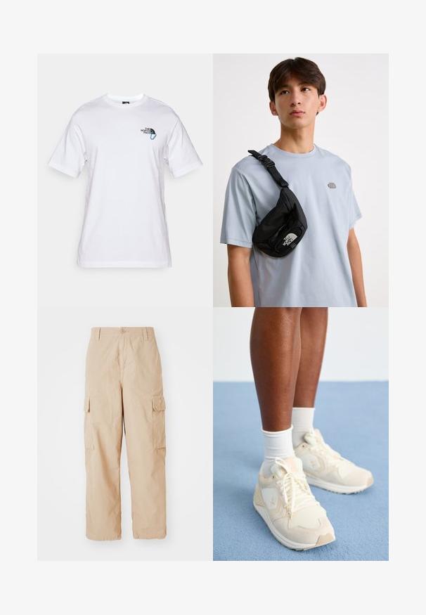 The North Face EXPLORE CARABINER RELAXED TEE UNISEX - Print T-shirt - white; Beige cargo pants with a relaxed fit, made of lightweight fabric, featuring two side cargo pockets and a button closure at the waist.; Light beige athletic shoes with a mesh and suede texture. Features a logo, lace-up design, and a cushioned sole. Worn with white socks.; Black nylon crossbody bag with adjustable strap, featuring a prominent white logo. Worn over a light blue t-shirt. Simple, functional design.