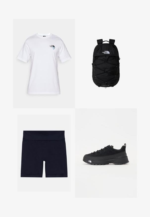 The North Face EXPLORE CARABINER RELAXED TEE UNISEX - Triko s potiskem - white; Námořnické šortky ze směsi bavlny s širokým elastickým páskem, které mají přiléhavý střih a ploché švy pro pohodlí.; Černé venkovní tenisky s horní částí ze semiše, texturovanou gumovou podrážkou a pevným šněrováním. Obsahují zesílenou patu a logo značky na boku.; Černý batoh s hlavní kapsou na zip, designem elastického bungee lana, polstrovanými popruhy a logem na přední straně; vyrobený z odolné tkaniny.