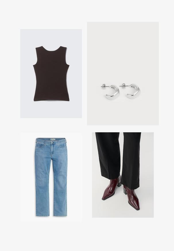 Ärmelloses, schokoladenbraunes Oberteil aus weichem Stoff. Hat einen runden Ausschnitt und eine glatte Textur, ohne sichtbare Muster oder Akzente.; Hellblaue gerade geschnittene Jeans mit fünf Taschen, Knopfverschluss und Gürtelschlaufen, aus Denim mit weicher Textur und dezenter Ausbleichung.; Burgunderfarbene Lackleder-Ankle Boots mit spitzer Zehe, klobigem Absatz und strukturierter Oberfläche, kombiniert mit schwarzen, weit geschnittenen Hosen.; Silberne Creolen mit einer glatten, polierten Oberfläche. Runde Form mit einem leicht geschwungenen Design und abgerundeten Kanten. Sicherheitsverschluss.
