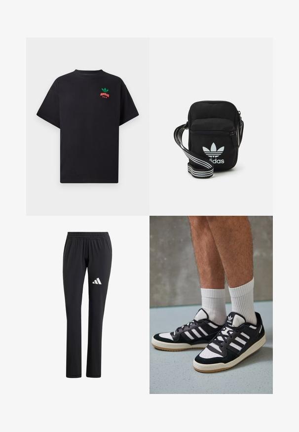T-shirt di cotone nero con maniche corte, dotato di un design del logo Adidas verde e rosso sul petto. Taglio semplice e rilassato.; Pantaloni sportivi neri con vita elasticizzata, design a gamba dritta, texture liscia e logo Adidas bianco sulla coscia sinistra.; Sneaker bianco e nero con tomaia in suede e pelle, caratterizzati da tre strisce bianche, punta perforata e suola in gomma naturale.; Borsa a tracolla in tessuto nero con chiusura a zip, caratterizzata da un logo Adidas bianco e una tracolla regolabile a righe per un facile trasporto.