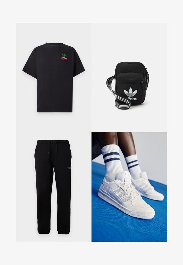 Fekete pamut póló rövid ujjakkal, zöld és piros Adidas logóval a mellkasán. Egyszerű, laza fazon.; Fekete melegítőnadrág, gumis derékkal és húzózsinórral, oldalsó zsebekkel és egy kis nyomott logóval a bal combon. Puha anyag.; Fehér bőr sportcipők perforált díszítéssel, három fényes csíkkal és texturált oldalpanellel. Fehér zoknival viselve, ami kék csíkos.; Fekete anyagú, keresztpántos táska cipzáras záródással, fehér Adidas logóval és csíkos állítható pánttal a könnyű hordozás érdekében.