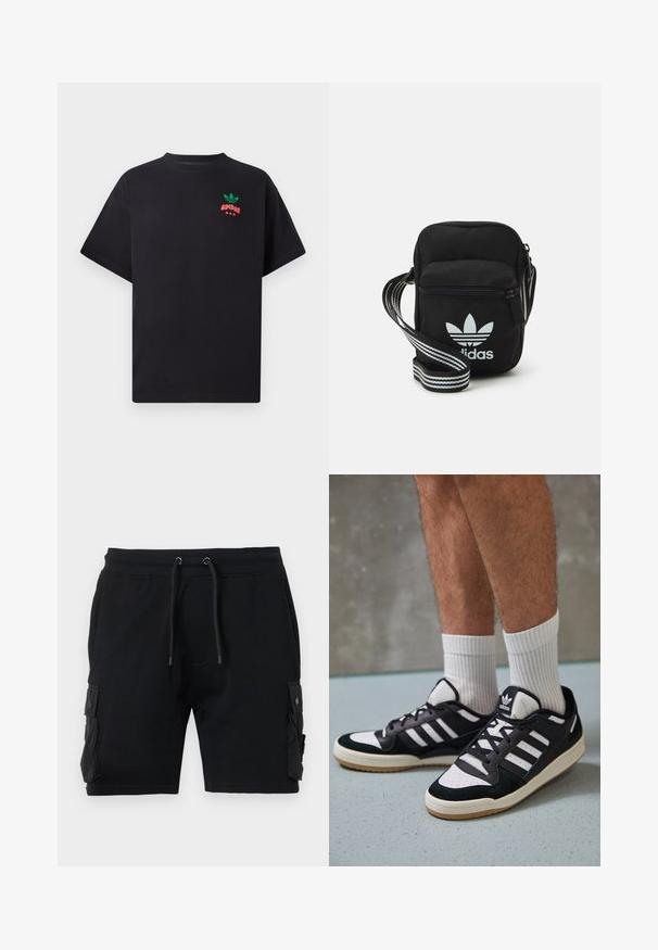 Juodas medvilnės marškinėliai trumpomis rankovėmis, su žaliu ir raudonu Adidas logotipu ant krūtinės. Paprastas, laisvas siluetas.; Juodos džinsinio stiliaus šortai, pagaminti iš medvilnės mišinio, turintys dvi šonines kišenes, reguliuojamą juosmenį su raišteliu ir lygią tekstūrą.; Juodos ir baltos sportinės bateliai su zomšiniu ir odiniu viršumi, su trimis baltomis juostelėmis, perforuota koja ir guminėmis padais.; Juodas audinio per petį nešiojamas krepšys su užtrauktuku, turintis baltą Adidas logotipą ir dryžuotą reguliuojamą diržą patogiam nešiojimui.