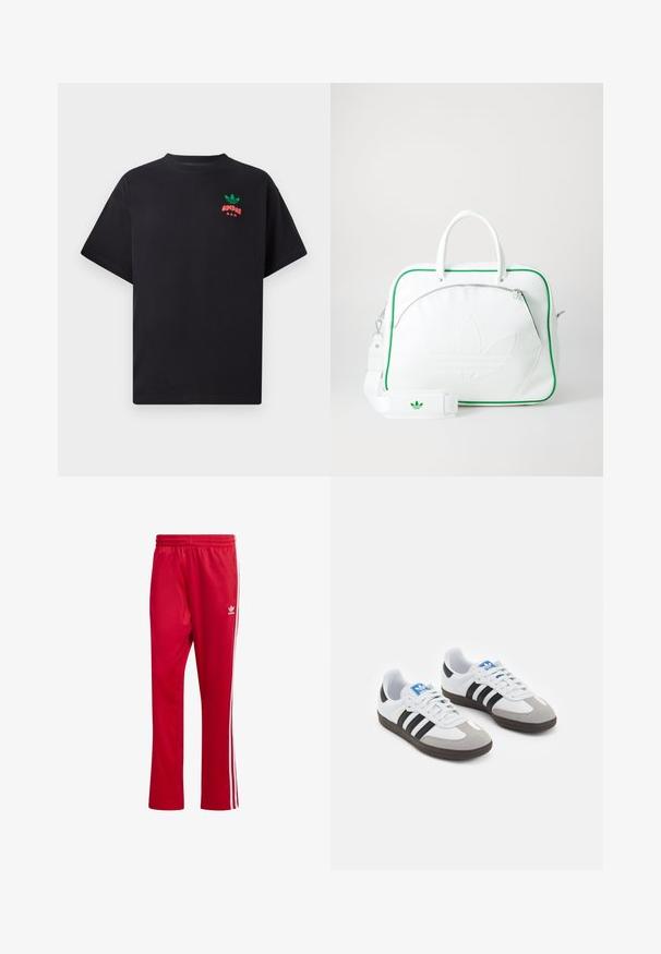Čierne bavlnené tričko s krátkymi rukávmi, s dizajnom loga Adidas v zelenej a červenej farbe na hrudi. Jednoduchý, voľný strih.; Červené športové nohavice vyrobené z hladkej tkaniny, ktoré majú biele bočné pruhy a vyšitú značku na ľavom stehne. Súčasťou je elastický pás.; Športové topánky s bielym koženým zvrškom, šedou semišovou špičkou a tromi čiernymi pruhmi. Obsahujú modré logo na jazyku a štruktúrovanú gumovú podrážku.; Bielo-kožená taška s zeleným lemovaním, s výrazným embosovaným logom, dvojitými rúčkami, odnímateľným popruhom a prednou vreckom na zips.