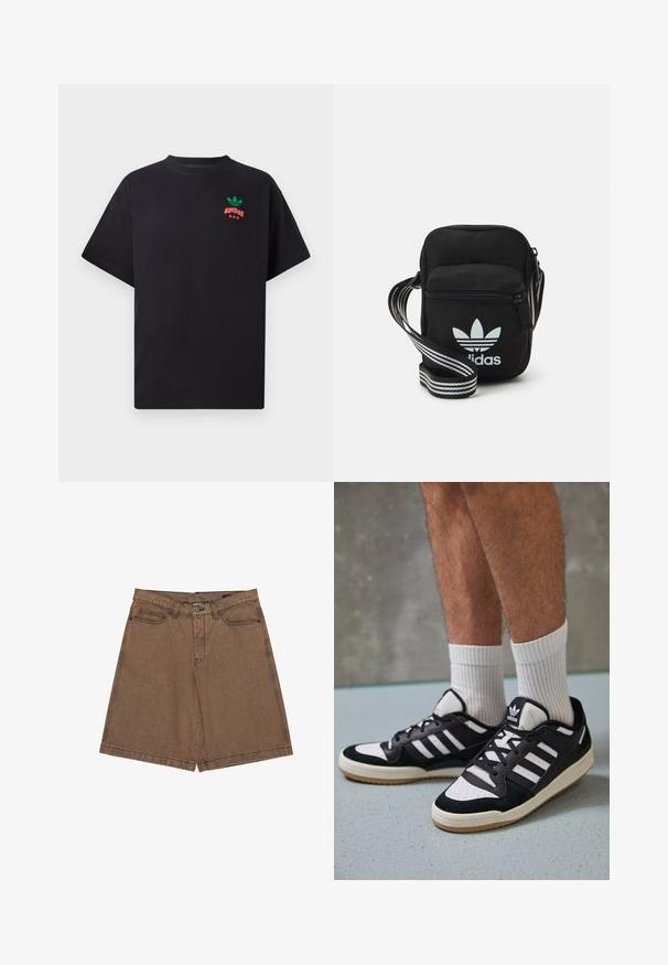Zwarte katoenen t-shirt met korte mouwen, met een groen en rood Adidas-logo ontwerp op de borst. Eenvoudige, ontspannen pasvorm.; Bruine denimshorts met een rechte snit, grote zijzakken, logoodetail op de tailleband en contrasterende stiksels langs de naden.; Zwart-witte sneakers met een bovenwerk van suede en leer, voorzien van drie witte strepen, een geperforeerde neus en een rubberen gumzool.; Zwarte stoffen schoudertas met een ritssluiting, voorzien van een wit Adidas-logo en een gestreepte, verstelbare schouderband voor gemakkelijk dragen.
