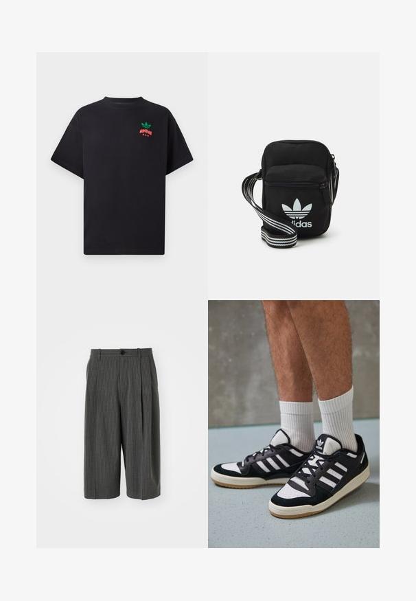 T-shirt en coton noir à manches courtes, avec un design de logo Adidas vert et rouge sur la poitrine. Coupe simple et décontractée.; Shorts larges à rayures gris avec fermeture à bouton et plissé à l'avant. Fabriqués à partir d'un tissu texturé, présentant un design ajusté.; Baskets noir et blanc avec une tige en suède et cuir, comportant trois rayures blanches, un bout perforé et une semelle en caoutchouc gum.; Sac bandoulière noir en tissu avec fermeture éclair, arborant un logo Adidas blanc et une sangle réglable rayée pour un port facile.