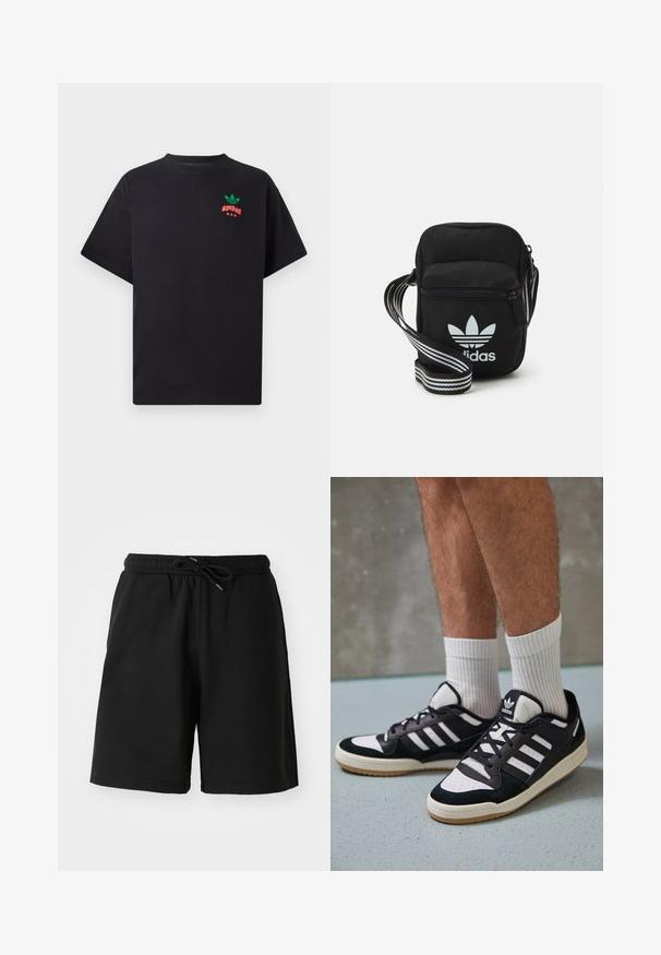 Fekete pamut póló rövid ujjakkal, zöld és piros Adidas logóval a mellkasán. Egyszerű, laza fazon.; Fekete pamut rövidnadrág elasztikus derékkal, húzózsinórral és oldalsó zsebekkel. Simas textura, térdhez érő fazon.; Fekete-fehér tornacipők velúr és bőr felsőrésszel, három fehér csíkkal, perforált orral és gumi talppal.; Fekete anyagú, keresztpántos táska cipzáras záródással, fehér Adidas logóval és csíkos állítható pánttal a könnyű hordozás érdekében.