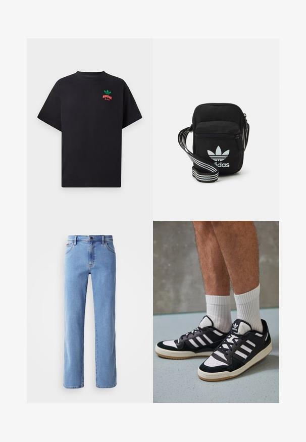 Juodas medvilnės marškinėliai trumpomis rankovėmis, su žaliu ir raudonu Adidas logotipu ant krūtinės. Paprastas, laisvas siluetas.; Šviesiai mėlynos tiesios kojos džinsai iš džinsinio audinio, su vidutine juosmens linija, priekinėmis kišenėmis ir subtiliai siuvinėtais akcentais. Be puošmenų.; Juodos ir baltos sportinės bateliai su zomšiniu ir odiniu viršumi, su trimis baltomis juostelėmis, perforuota koja ir guminėmis padais.; Juodas audinio per petį nešiojamas krepšys su užtrauktuku, turintis baltą Adidas logotipą ir dryžuotą reguliuojamą diržą patogiam nešiojimui.