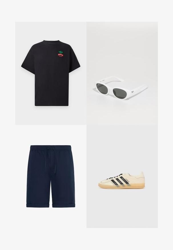 T-shirt en coton noir à manches courtes, avec un design de logo Adidas vert et rouge sur la poitrine. Coupe simple et décontractée.; Shorts bleu marine en tissu léger, avec une taille élastique dotée d'un cordon de serrage et des ourlets roulés pour un look décontracté.; Sneaker crème clair avec un design à trois bandes noires, dessus texturé, bout rond et semelle en caoutchouc. Présente des lacets et une marque sur le côté.; Lunettes de soleil blanches avec des montures arrondies et des verres foncés. Possède une texture en plastique lisse et un petit logo sur la branche.