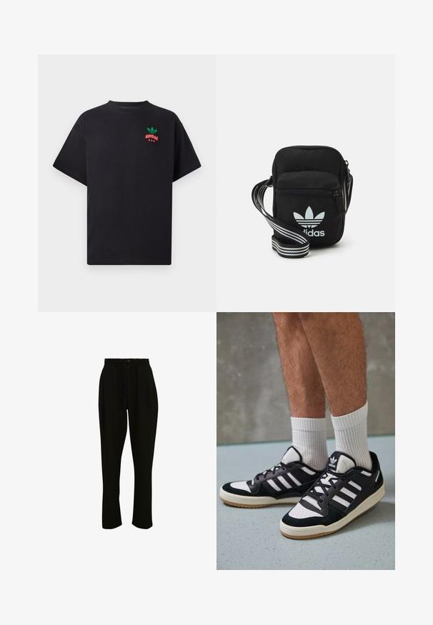 Melna kokvilnas T-kreklu ar īsām piedurknēm, kurā ir zaļš un sarkans Adidas logos dizains uz krūšu daļas. Vienkārša, brīva piegriezuma.; Melnas ribota bikses ar elastīgu jostu, ar auklu un platiem galiem. Audums ir mīksts ar gludu tekstūru.; Melnas un baltas kedas ar zamša un ādas augšdaļu, kas aprīkotas ar trim baltām svītrām, perforētu purngali un gumijas zolēm.; Melna auduma crossbody soma ar rāvējslēdzēja aizdari, kurai ir balts Adidas logo un svītrainas regulējamas siksnas ērtiem pārvietošanās veidiem.