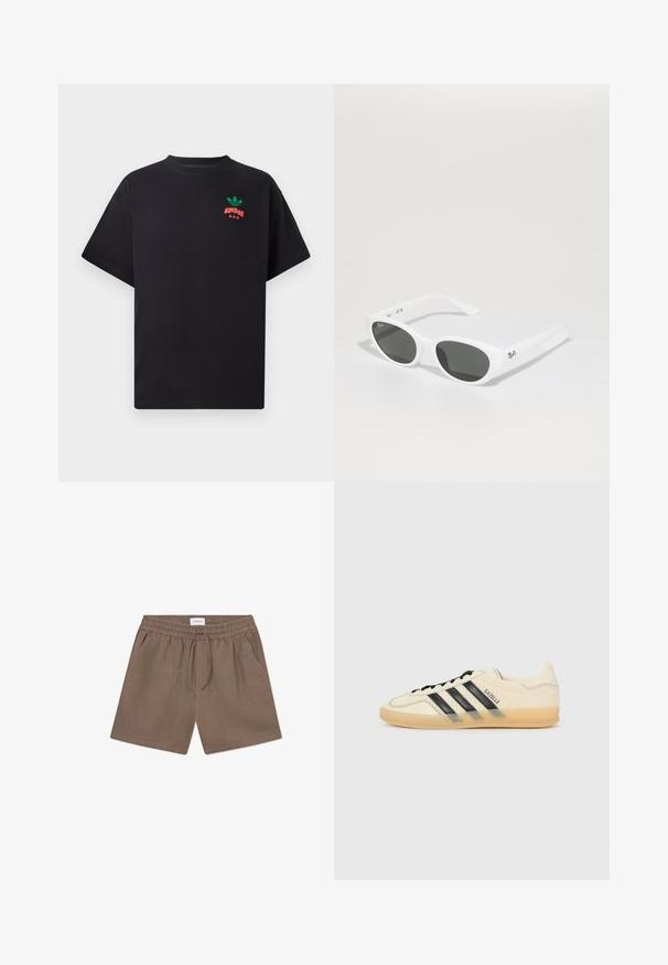 Black cotton t-shirt with short sleeves, featuring a green and red Adidas logo design on the chest. Simple, relaxed fit.; Brown linen shorts with an elastic waistband, drawstring closure, and side pockets. Smooth texture and casual design.; Light cream sneaker with black three-stripe design, textured upper, round toe, and gum sole. Features laces and branding on side.; White sunglasses with rounded frames and dark lenses. Features a smooth plastic texture and small logo on the temple.