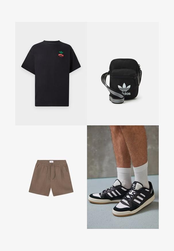 T-shirt en coton noir à manches courtes, avec un design de logo Adidas vert et rouge sur la poitrine. Coupe simple et décontractée.; Shorts en lin marron avec une taille élastique, fermeture à cordon, et poches latérales. Texture lisse et design décontracté.; Baskets noir et blanc avec une tige en suède et cuir, comportant trois rayures blanches, un bout perforé et une semelle en caoutchouc gum.; Sac bandoulière noir en tissu avec fermeture éclair, arborant un logo Adidas blanc et une sangle réglable rayée pour un port facile.