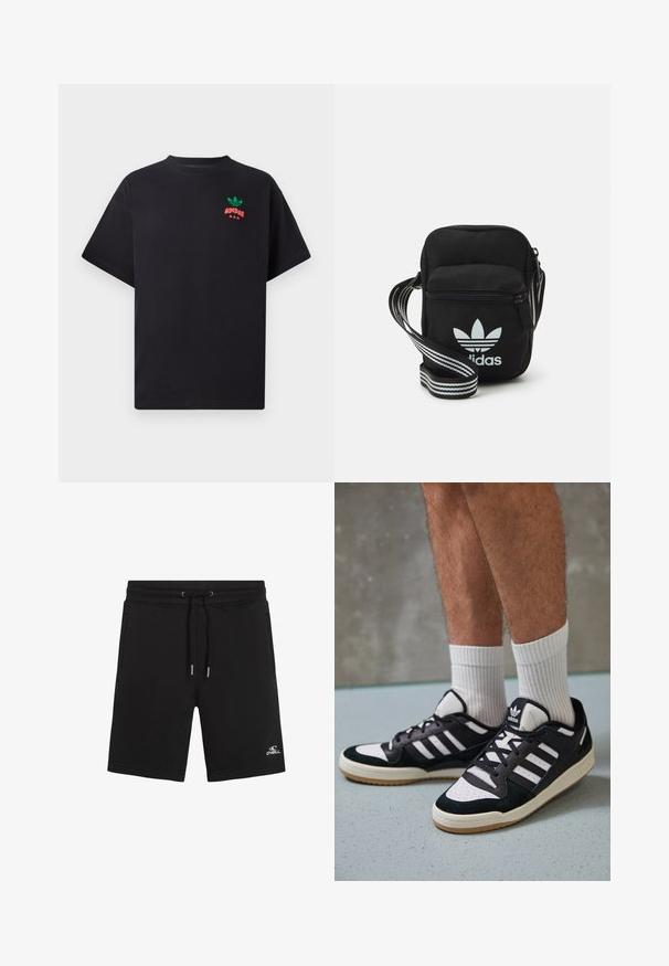 Melna kokvilnas T-kreklu ar īsām piedurknēm, kurā ir zaļš un sarkans Adidas logos dizains uz krūšu daļas. Vienkārša, brīva piegriezuma.; Melni flīsa šortī ar elastīgu jostasvietu un auklu. Iespēj divas sānu kabatas un balto logo apakšējā kreisajā kājā.; Melnas un baltas kedas ar zamša un ādas augšdaļu, kas aprīkotas ar trim baltām svītrām, perforētu purngali un gumijas zolēm.; Melna auduma crossbody soma ar rāvējslēdzēja aizdari, kurai ir balts Adidas logo un svītrainas regulējamas siksnas ērtiem pārvietošanās veidiem.