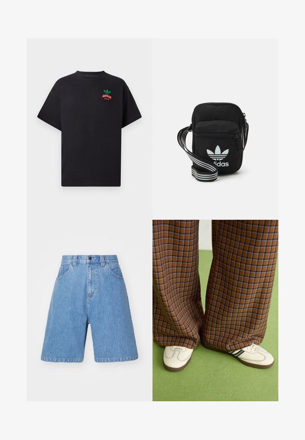 Melna kokvilnas T-kreklu ar īsām piedurknēm, kurā ir zaļš un sarkans Adidas logos dizains uz krūšu daļas. Vienkārša, brīva piegriezuma.; Gaiši zili džinsu šorti ar brīvu piegriezumu, augstu jostasvietu, piecu kabatu dizainu un smalku nodilumu. Iespējo pogu aizdare un jostas cilpas.; Brūni un zili rūtaini platās kājas bikses, kas savienotas ar baltām kurpēm ar melniem akcentiem un teksturētām zolēm, uz zaļa fona.; Melna auduma crossbody soma ar rāvējslēdzēja aizdari, kurai ir balts Adidas logo un svītrainas regulējamas siksnas ērtiem pārvietošanās veidiem.