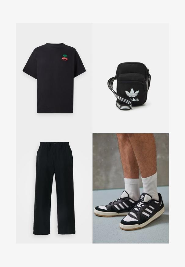 Crna pamučna majica kratkih rukava s zelenim i crvenim Adidas logotipom na prsima. Jednostavan, opušteni kroj.; Crne hlače od laganog materijala, sa elastičnom čarape s vezicom, zatvaranjem na gumb i ravnim krojem.; Crne i bijele tenisice s gornjim dijelom od antilopa i kože, s tri bijele pruge, perforiranim prstom i gumiranim potplatom.; Crna crossover torba od tkanine sa zatvaračem, sa bijelim Adidas logotipom i prugastim podešivim remenom za lako nošenje.