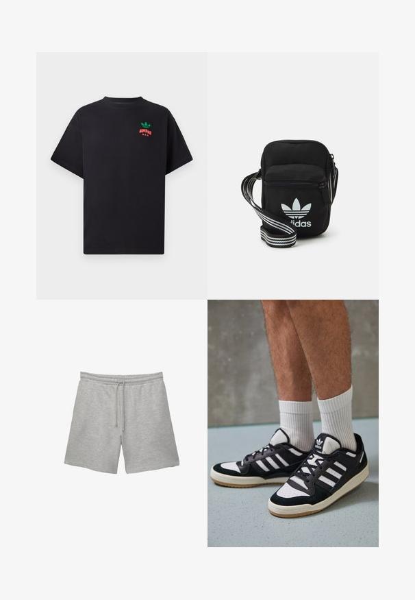 Black cotton t-shirt with short sleeves, featuring a green and red Adidas logo design on the chest. Simple, relaxed fit.; Gray cotton shorts with an elastic waistband and drawstring, featuring two side pockets and a soft, textured finish.; Black and white sneakers with a suede and leather upper, featuring three white stripes, a perforated toe, and a gum rubber sole.; Black fabric crossbody bag with a zipper closure, featuring a white Adidas logo and a striped adjustable strap for easy carrying.