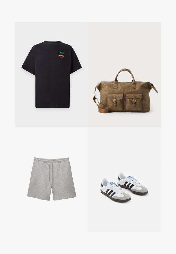 Czarny bawełniany t-shirt z krótkimi rękawami, z zielonym i czerwonym logo Adidas na piersi. Prosty, luźny krój.; Szare bawełniane szorty z elastycznym pasem i sznurkiem, posiadające dwie boczne kieszenie oraz miękkie, teksturowane wykończenie.; Buty sportowe z białą skórzaną cholewką, szarym zamszowym noskiem i trzema czarnymi paskami. Posiadają niebieskie logo na języku oraz teksturowaną gumową podeszwę.; Brązowa skórzana torba podróżna z dwiema przednimi kieszeniami, regulowanym paskiem na ramię, złotymi elementami i solidnymi uchwytami górnymi. Gładka textura.